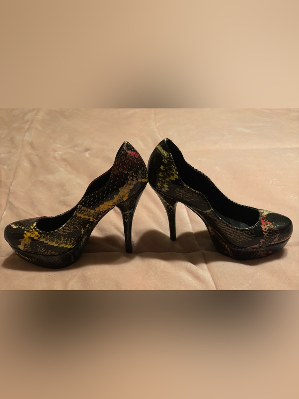 JustFab Black Snakeskin Platform Pumps with Yellow & Pink Accents